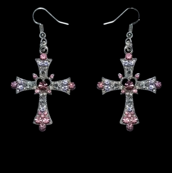 NEW Pink & Clear Rhinestones Cross dangle earrings - Picture 5 of 9